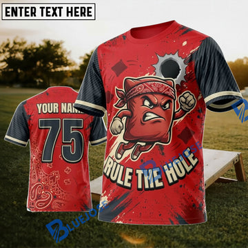 BlueJose Cornhole Rule The Hole Red Skull Personalized Name 3D Unisex Shirt