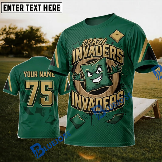 BlueJose Cornhole Crazy Invaders Green Alien Personalized Name 3D Unisex Shirt