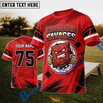 BlueJose Cornhole Savage Red Angry Mascot Personalized Name 3D Unisex Shirt