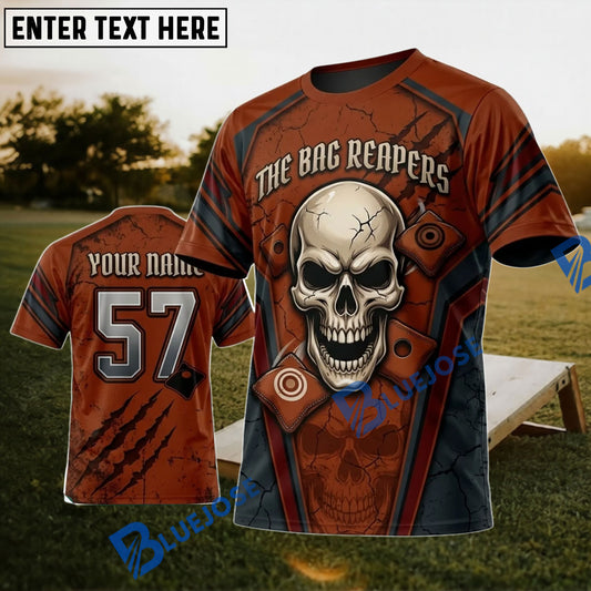 BlueJose Cornhole Big Reaper Orange Skull Personalized Name 3D Unisex Shirt