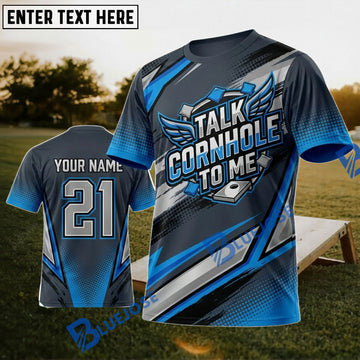 BlueJose Cornhole Talk Cornhole To Me Blue Lightning Personalized Name 3D Unisex Shirt