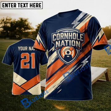 BlueJose Cornhole Nation Navy Orange Emblem Personalized Name 3D Unisex Shirt