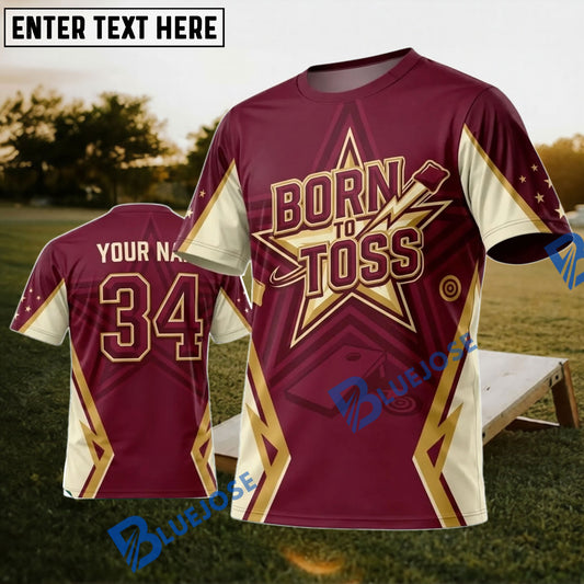 BlueJose Cornhole Born To Toss Burgundy Gold Personalized Name 3D Unisex Shirt