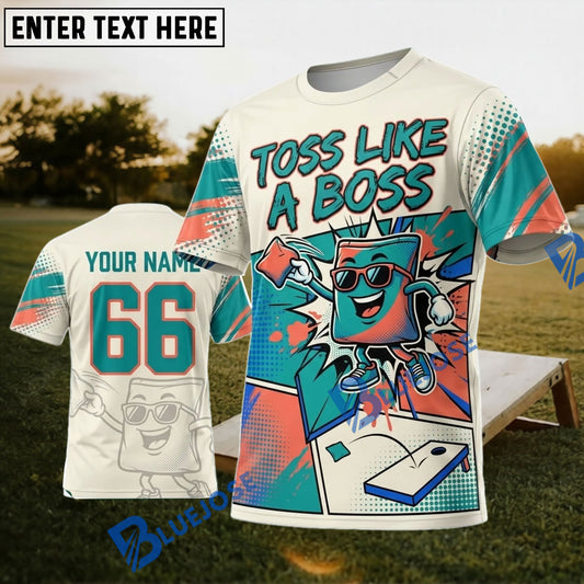 BlueJose Cornhole Toss Like A Boss Retro Mascot Personalized Name 3D Unisex Shirt