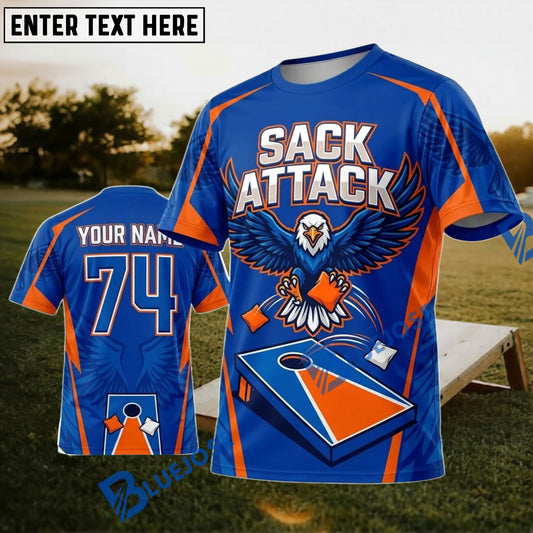 BlueJose Cornhole Sack Attack Blue Orange Eagle Personalized Name 3D Unisex Shirt