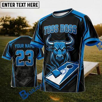 BlueJose Cornhole Toss Boss Black Blue Beast Personalized Name 3D Unisex Shirt