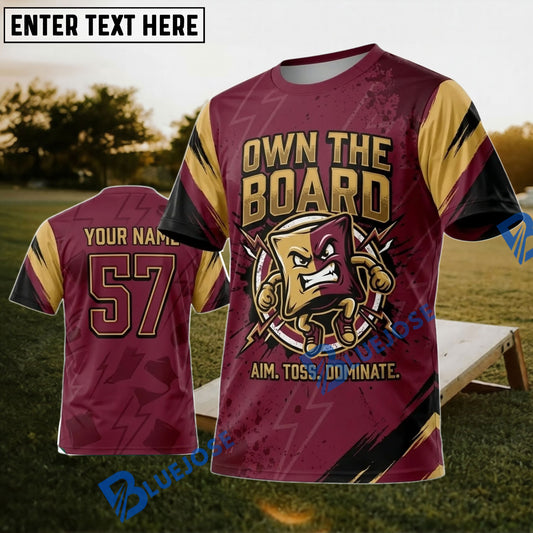 BlueJose Cornhole Own The Board Burgundy Gold Mascot Personalized Name 3D Unisex Shirt