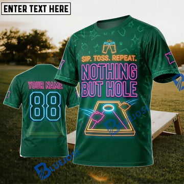 BlueJose Cornhole Toss Repeat Nothing But Hole Green Neon Personalized Name 3D Unisex Shirt
