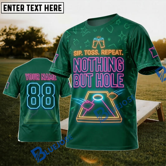 BlueJose Cornhole Toss Repeat Nothing But Hole Green Neon Personalized Name 3D Unisex Shirt