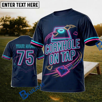 BlueJose Cornhole On Top Navy Pink Neon Personalized Name 3D Unisex Shirt