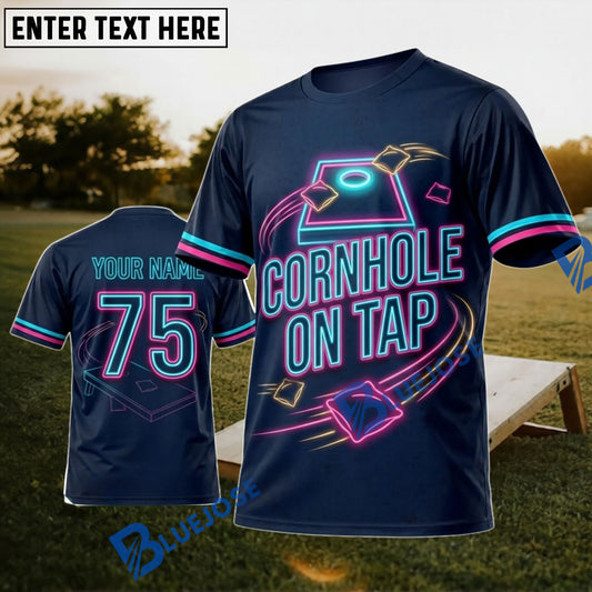 BlueJose Cornhole On Top Navy Pink Neon Personalized Name 3D Unisex Shirt