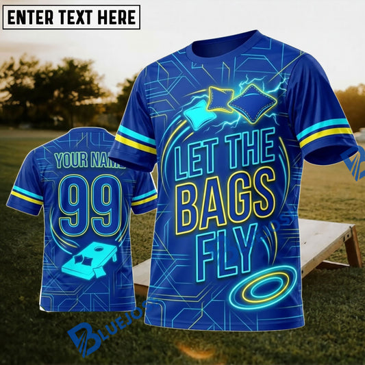BlueJose Cornhole Let The Bags Fly Blue Neon Personalized Name 3D Unisex Shirt