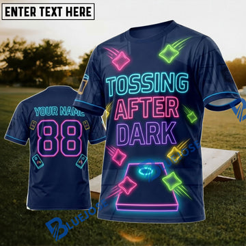 BlueJose Cornhole Tossing After Dark Navy Pink Neon Personalized Name 3D Unisex Shirt