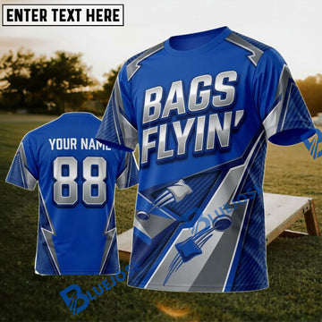 BlueJose Cornhole Bags Flyin Blue White Lightning Personalized Name 3D Unisex Shirt