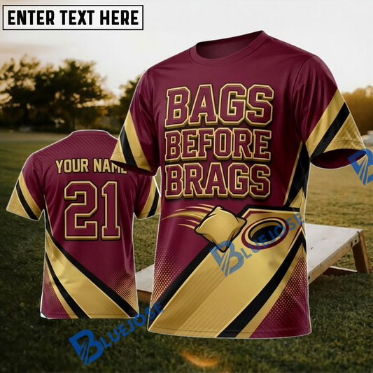 BlueJose Cornhole Bags Before Brags Maroon Gold Personalized Name 3D Unisex Shirt