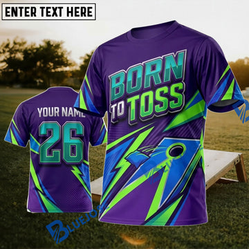 BlueJose Cornhole Born To Toss Purple Green Lightning Personalized Name 3D Unisex Shirt