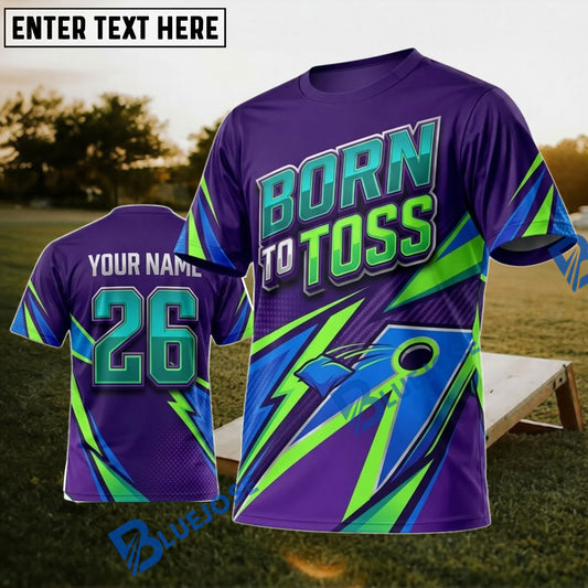 BlueJose Cornhole Born To Toss Purple Green Lightning Personalized Name 3D Unisex Shirt