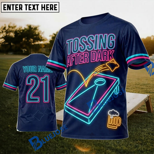 BlueJose Cornhole Tossing After Dark Navy Neon Personalized Name 3D Unisex Shirt