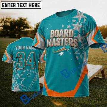 BlueJose Cornhole Board Masters Teal Orange Star Personalized Name 3D Unisex Shirt