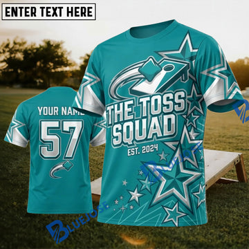 BlueJose Cornhole The Toss Squad Teal White Stars Personalized Name 3D Unisex Shirt