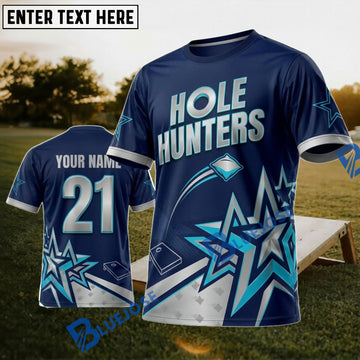 BlueJose Cornhole Hole Hunters Navy Blue Star Personalized Name 3D Unisex Shirt