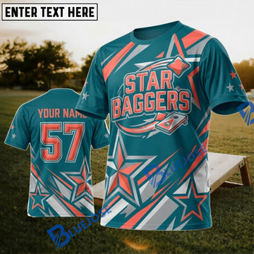 BlueJose Cornhole Star Baggers Teal Orange Personalized Name 3D Unisex Shirt
