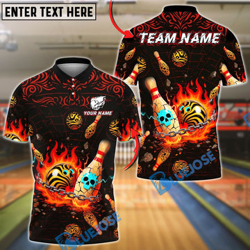 BlueJose Bowling And Pins Flame Skull Funny Face Ball Design Customized Name, Team Name 3D Shirt (4 Colors)