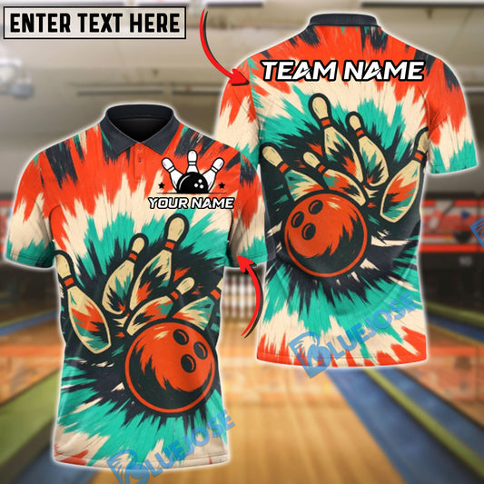 BlueJose Bowling And Pins Retro Tie-Dye Strike Customized Name, Team Name 3D Shirt (4 Colors)