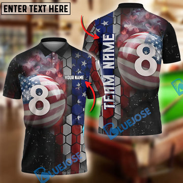 BlueJose Billiards Billiard 8-Ball Pool American Flag Personalized Name, Team Name Unisex Shirt