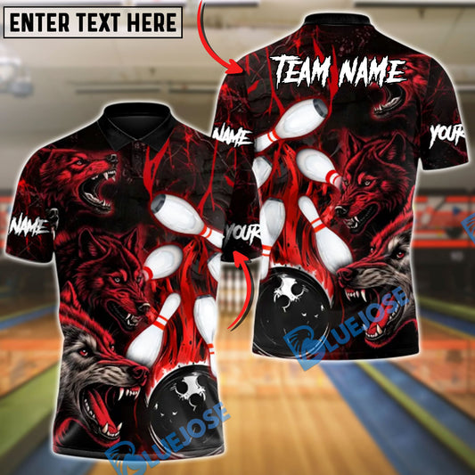 BlueJose Bowling & Pins Wolf Crimson Howl: Strike Night Customized Name, Team Name 3D Shirt (4 Colors)