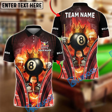 BlueJose Billiards Flaming Crown 8 Ball With Beer Design Personalized Name, Team Name Unisex Shirt (4 Colors)