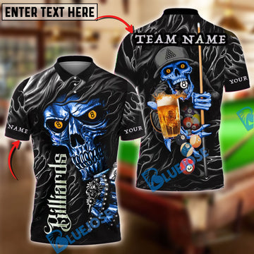 BlueJose Billiards 8-Ball Cool Skull And Beer Personalized Name Shirt (4 Colors)