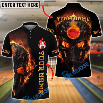 BlueJose Bowling And Pins Flame Skull Light Pattern Customized Name, Team Name 3D Shirt (4 Colors)