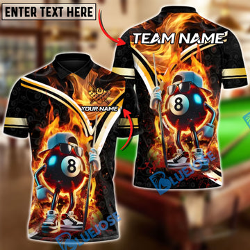 BlueJose Billiards Ball 8 Flaming Cool Personalized Name, Team Name Unisex Shirt (4 Colors)