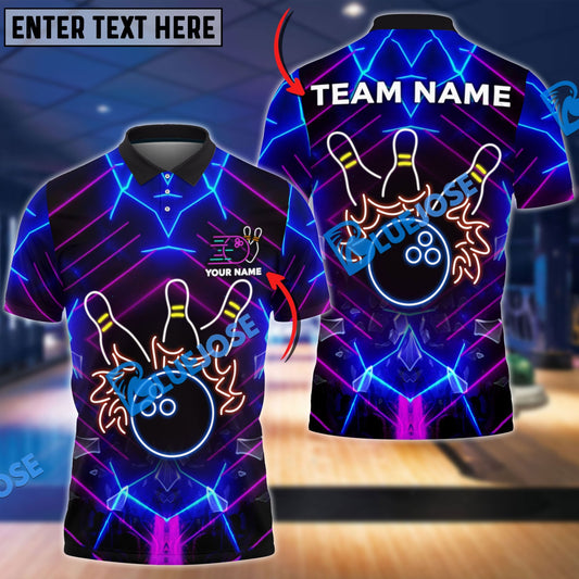 BlueJose Bowling And Pins Neon Light Style Customized Name, Team Name Shirt For Kids