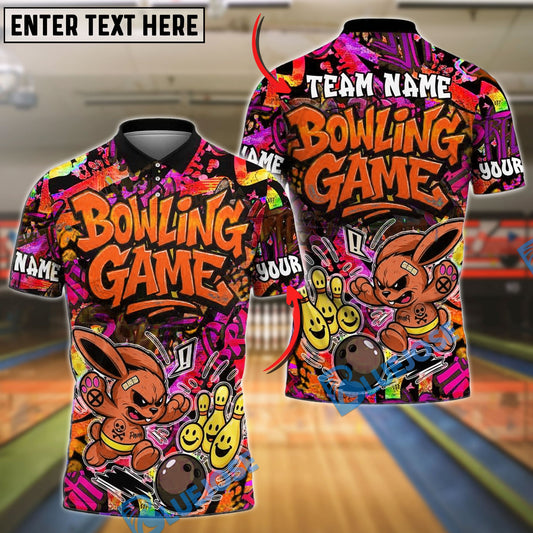 BlueJose Bowling And Pins Graffiti Colorful Bunny Customized Name, Team Name Shirt (4 Colors)