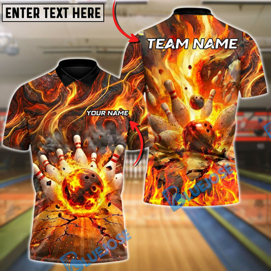 BlueJose Bowling & Pins Blazing Perfect Game Customized Name, Team Name 3D Shirt (4 Colors)