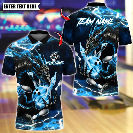 BlueJose Bowling And Pins Dragon Smoke Thunder With Bowling Design Customized Name, Team Name 3D Shirt (4 Colors)