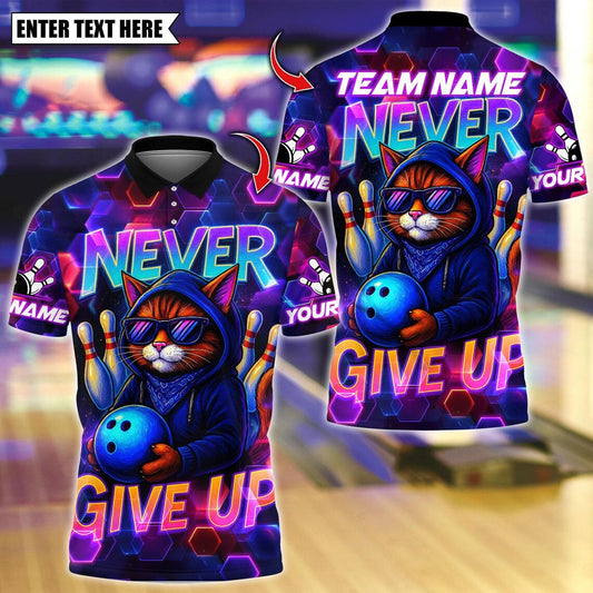 BlueJose Bowling And Pins Never Give Up Cool Cat Customized Name, Team Name 3D Shirt (4 Colors)