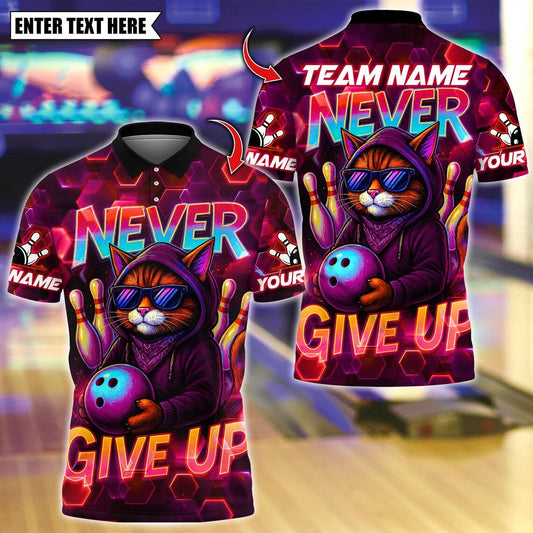 BlueJose Bowling And Pins Never Give Up Cool Cat Customized Name, Team Name 3D Shirt (4 Colors)