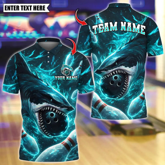 BlueJose Bowling And Pins Shark Bite Customized Name, Team Name 3D Shirt (4 Colors)