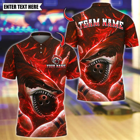 BlueJose Bowling And Pins Shark Bite Customized Name, Team Name 3D Shirt (4 Colors)