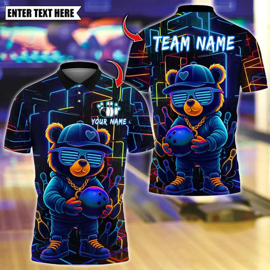 BlueJose Bowling And Pins Neon Graffiti Teddy Bear Design Customized Name, Team Name 3D Shirt (4 Colors)