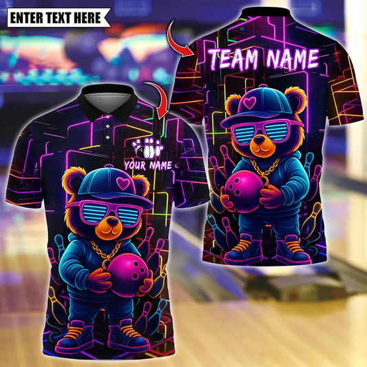 BlueJose Bowling And Pins Neon Graffiti Teddy Bear Design Customized Name, Team Name 3D Shirt (4 Colors)