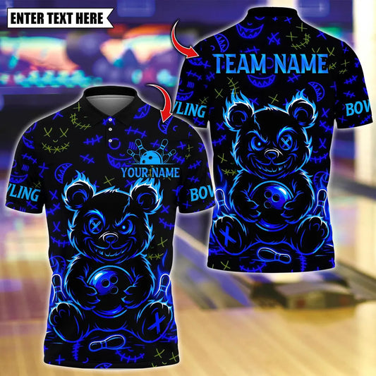BlueJose Bowling And Pins Scary Teddy Bear With X Eye Customized Name, Team Name 3D Shirt (4 Colors)