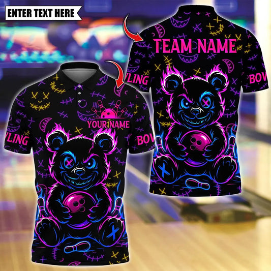 BlueJose Bowling And Pins Scary Teddy Bear With X Eye Customized Name, Team Name 3D Shirt (4 Colors)