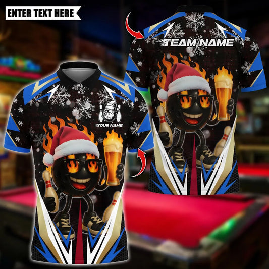 BlueJose Bowling And Pins Santa Fire Strike With Beer Design Customized Name, Team Name 3D Shirt (4 Colors)