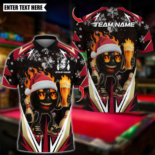 BlueJose Bowling And Pins Santa Fire Strike With Beer Design Customized Name, Team Name 3D Shirt (4 Colors)