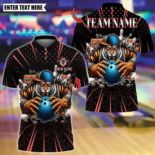 BlueJose Bowling And Pins Cool Tiger Bowling Design Customized Name, Team Name 3D Shirt (4 Colors)