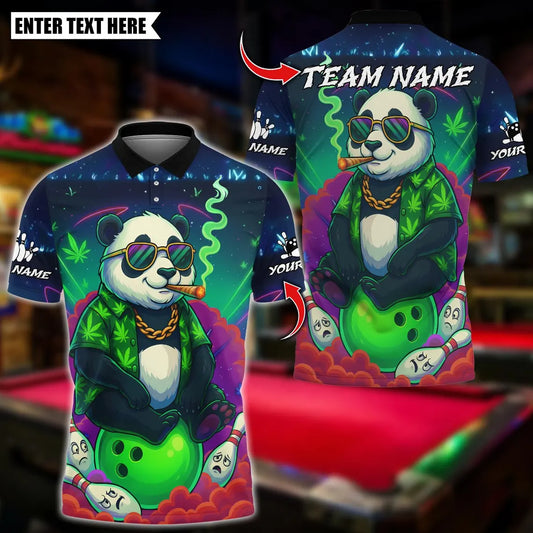 BlueJose Bowling And Pins Panda 420 Smoking Neon Design Customized Name, Team Name 3D Shirt (4 Colors)